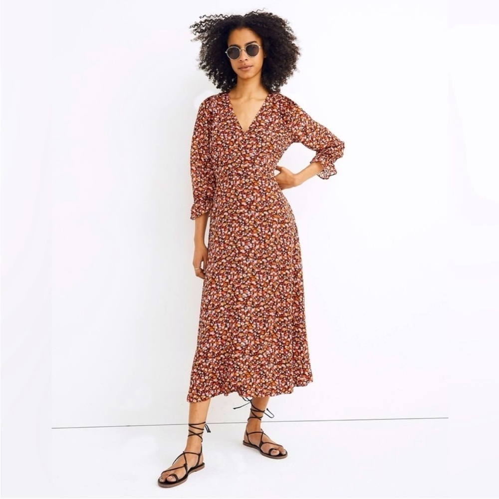 Madewell Dress Crossover Midi Clipdot floral Size 6 faux wrap prairie brown